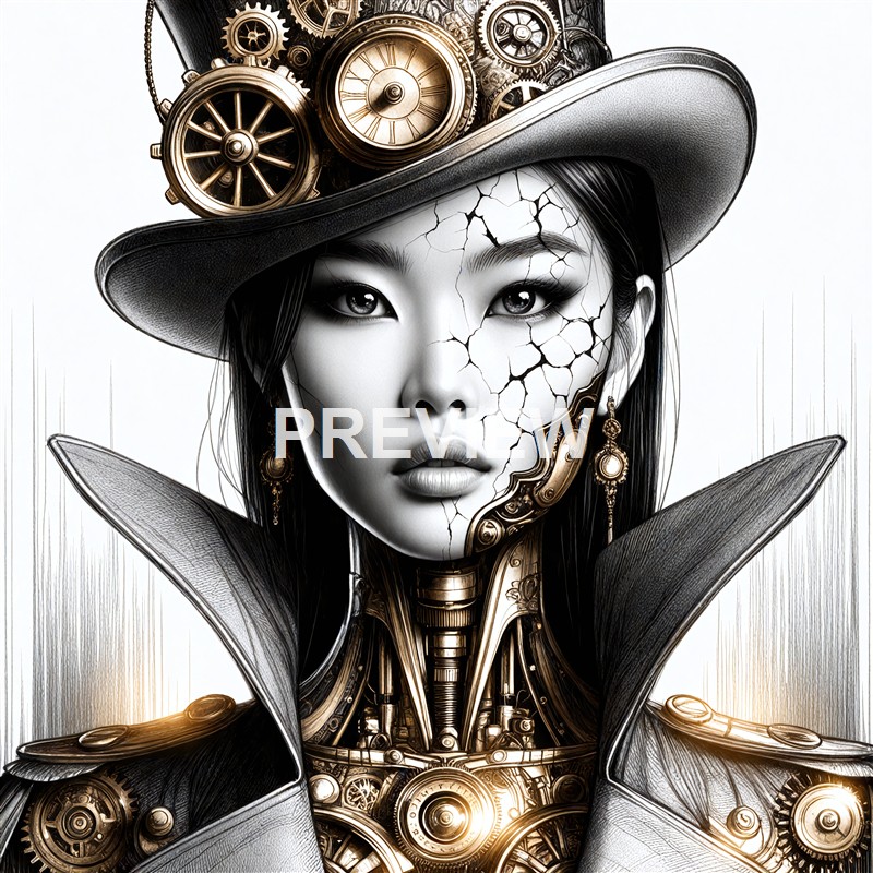 A black and white digital artwork of a woman with an intricate steampunk-inspired design, featuring mechanical gears and clock parts on her head and body, with some parts cracked like porcelain.